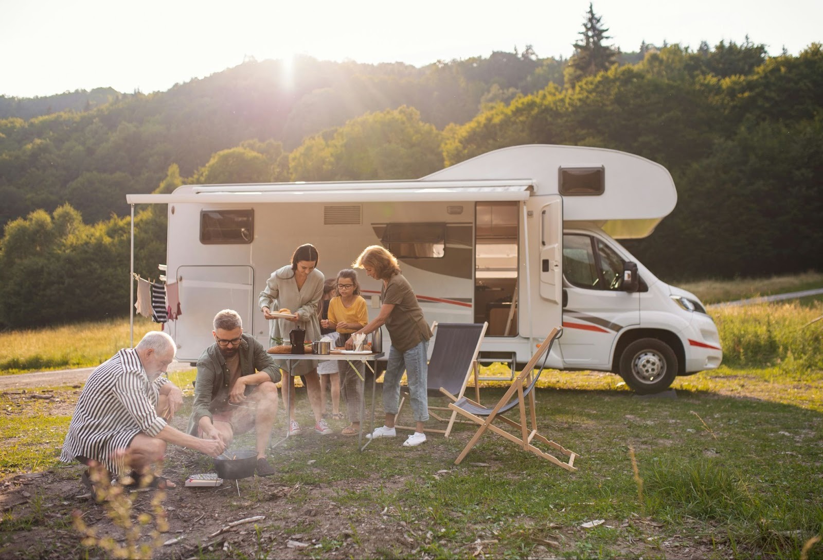 Family outside an RV