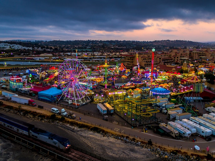high up image at night of a state fair