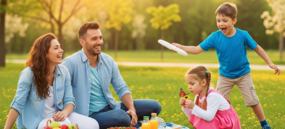 family play frisbee in park