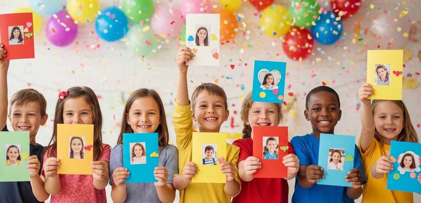 home made photo cards hled up by kids