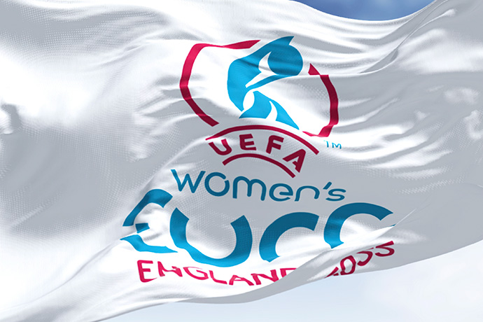Women's Euro 2022 flag waves in wind