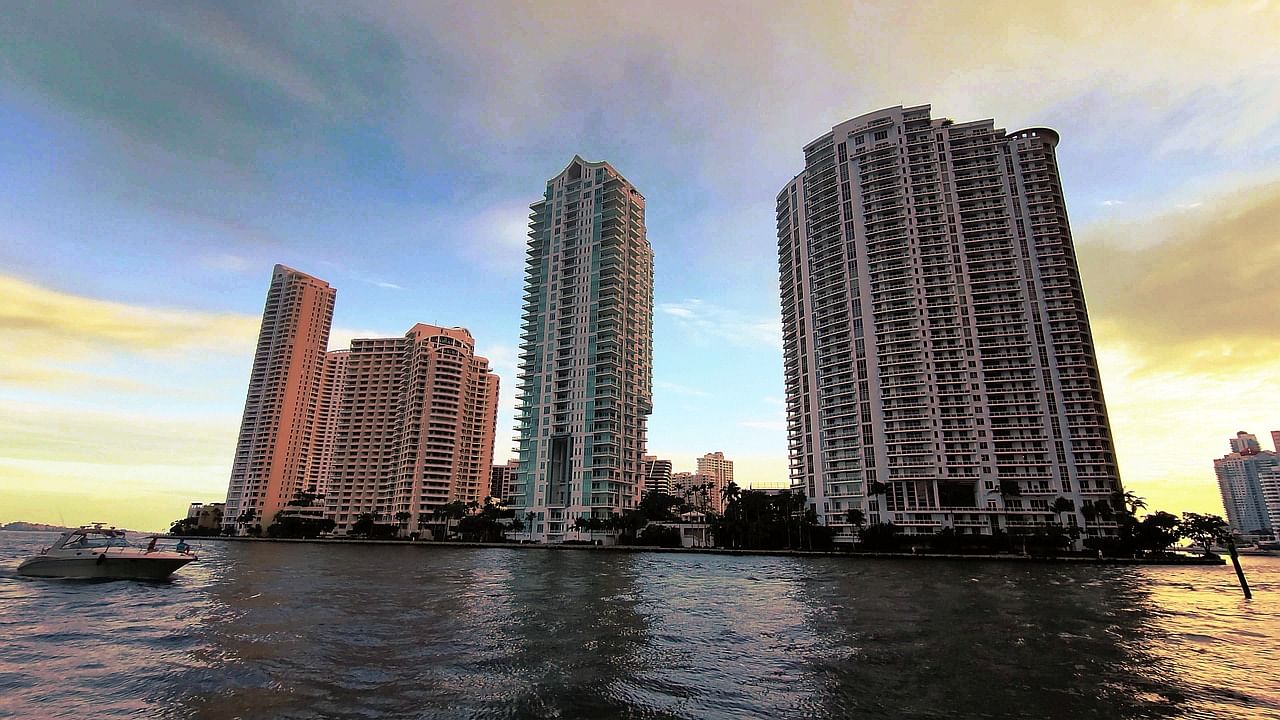Views of the Miami River Skyline during Sunset