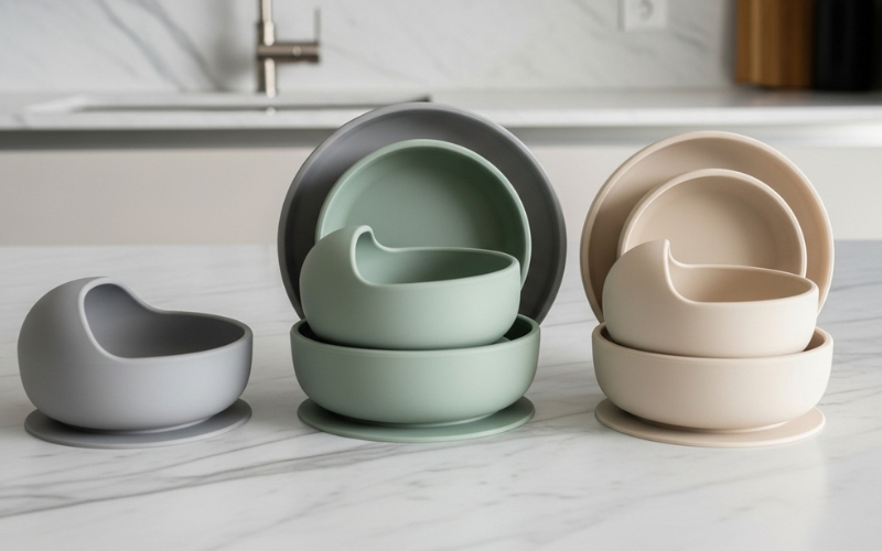minimalist silicone baby plates and bowls in neutral colors, modern kitchen background.