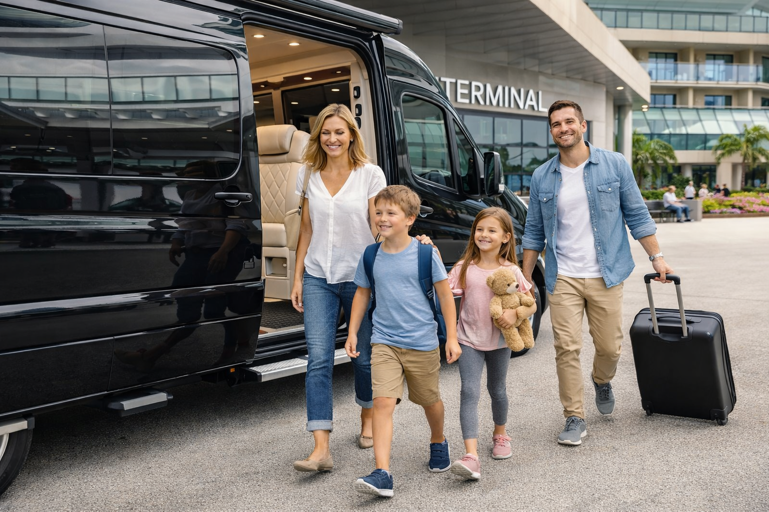family arriving at airport