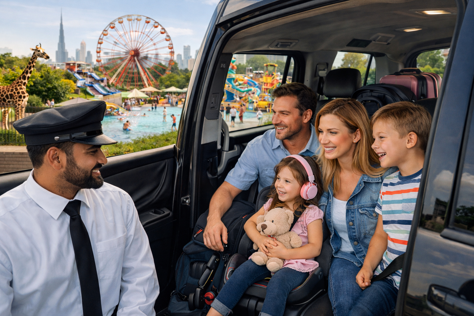 Chauffeur with family in car