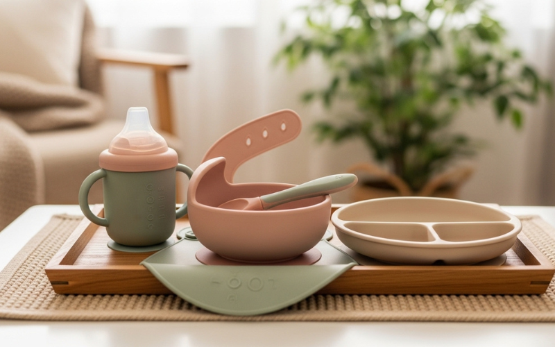 soft pastel silicone baby feeding set arranged aesthetically, calming tones, cozy home environment.