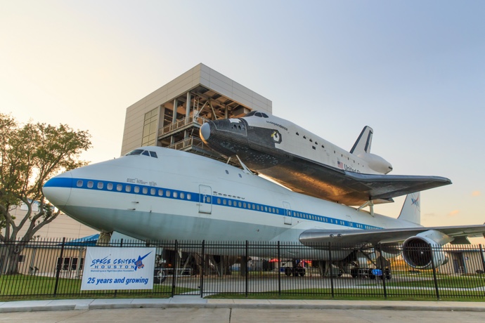 The space shuttle at Independence Plaza in Space Center Houston at sunset, Texas