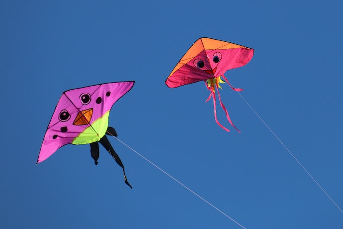 two colourful kites fly in the air