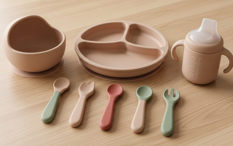 organic shaped silicone baby feeding set, ergonomic design, soft neutral tones, modern minimal style.