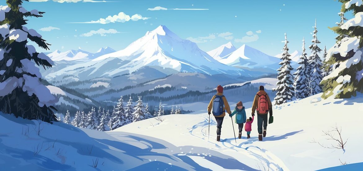 a family walk in the snow