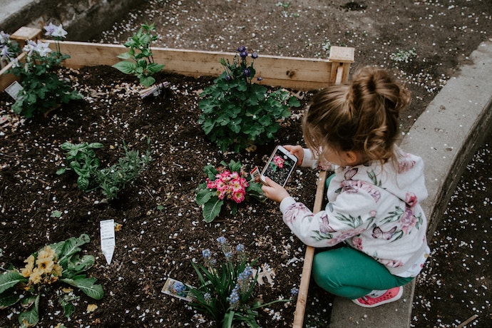 a young girl plants a home garden