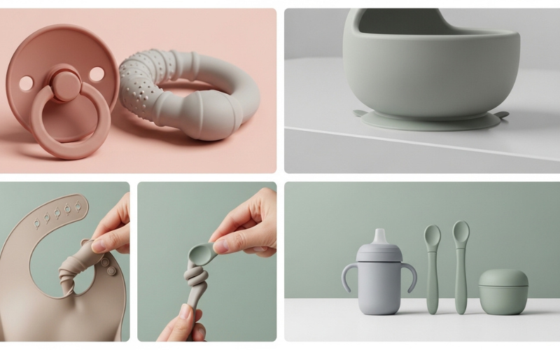 close up collage of silicone baby products showing texture, suction base, flexibility, clean minimal layout.
