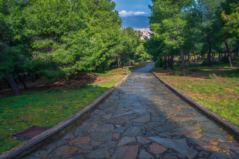 Stone walking path at Veikou Park in Galatsi