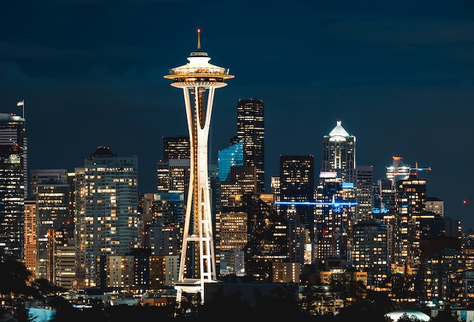 The Space Needle in Seattle at night