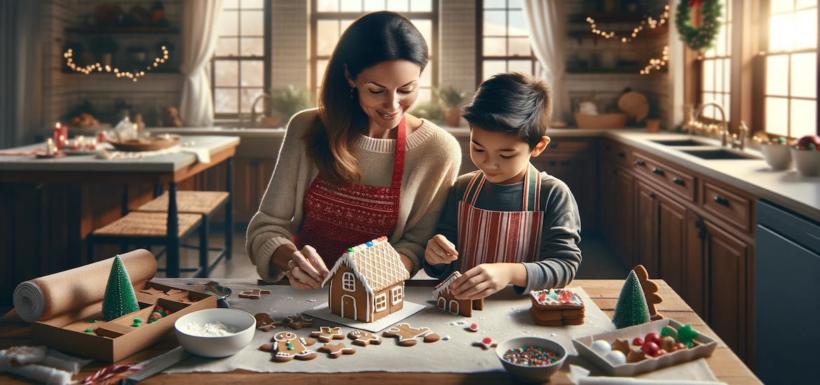 mum and son make gingerbread xmas house