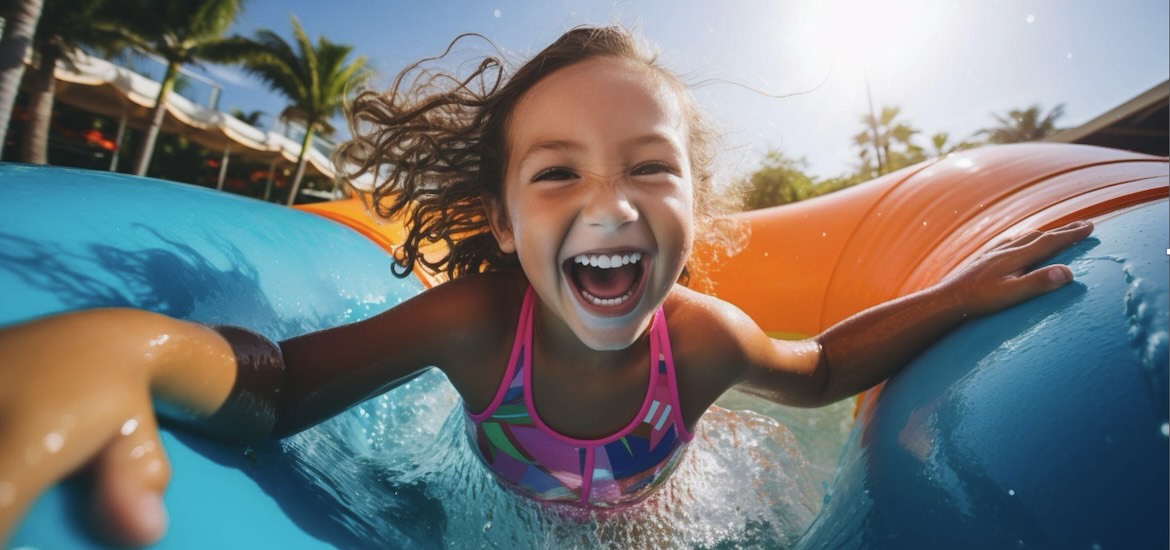 Girl on slide in pool