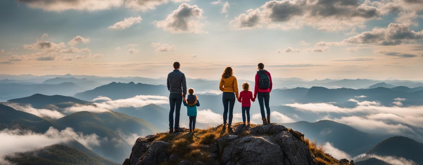 a family on a mountains edge