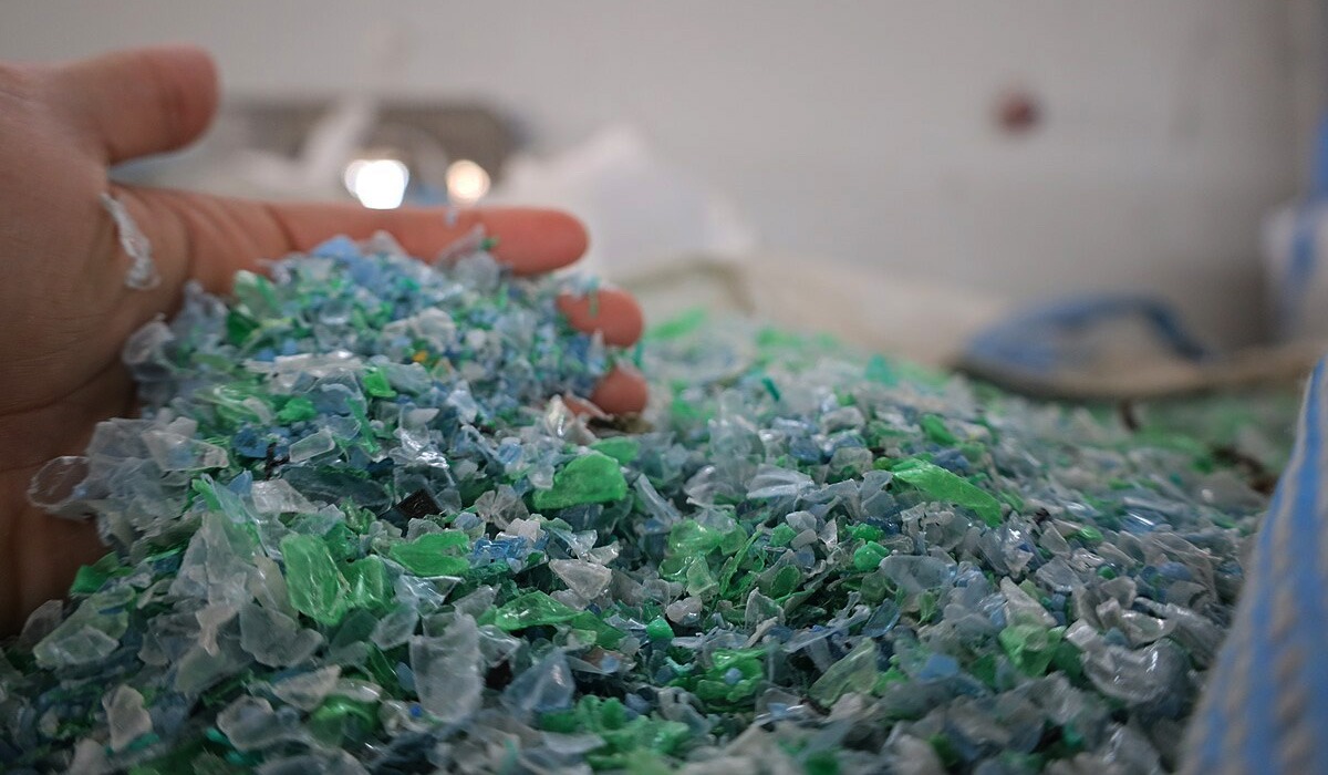 Hand holding green blue recycled plastic bottle flakes