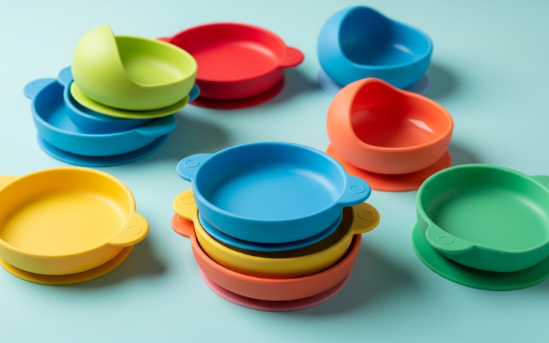 bright colorful silicone baby plates and bowls, playful arrangement, cheerful mood.