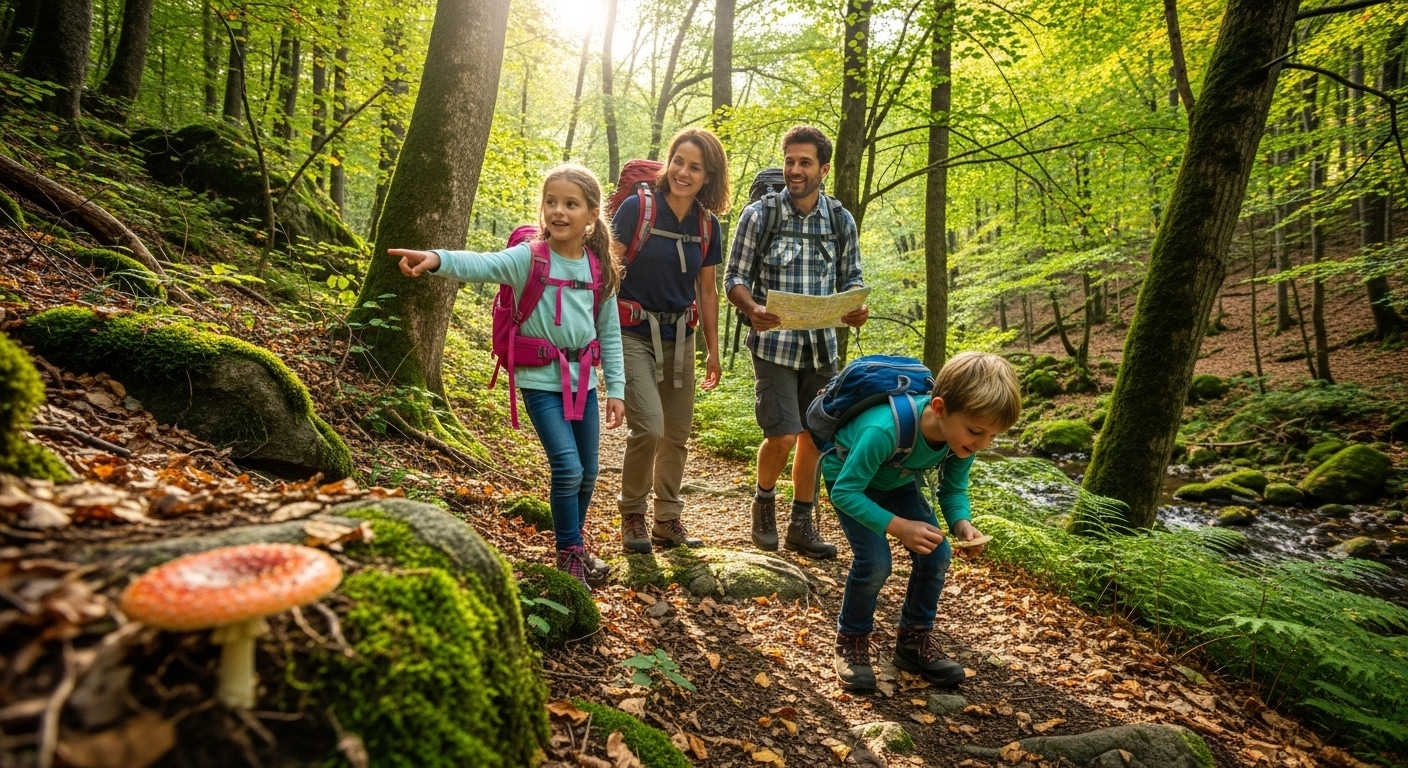 family exploring the forrest