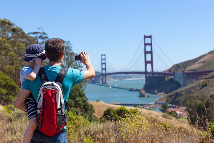 family taking photos of Golden Gate Bridge