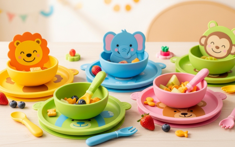 colorful silicone baby plates and bowls with playful cartoon designs, bright cheerful setup, toddler friendly vibe