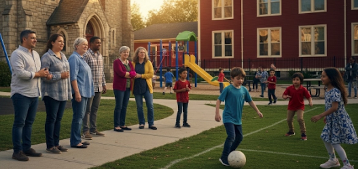 kids in playground with parents watching
