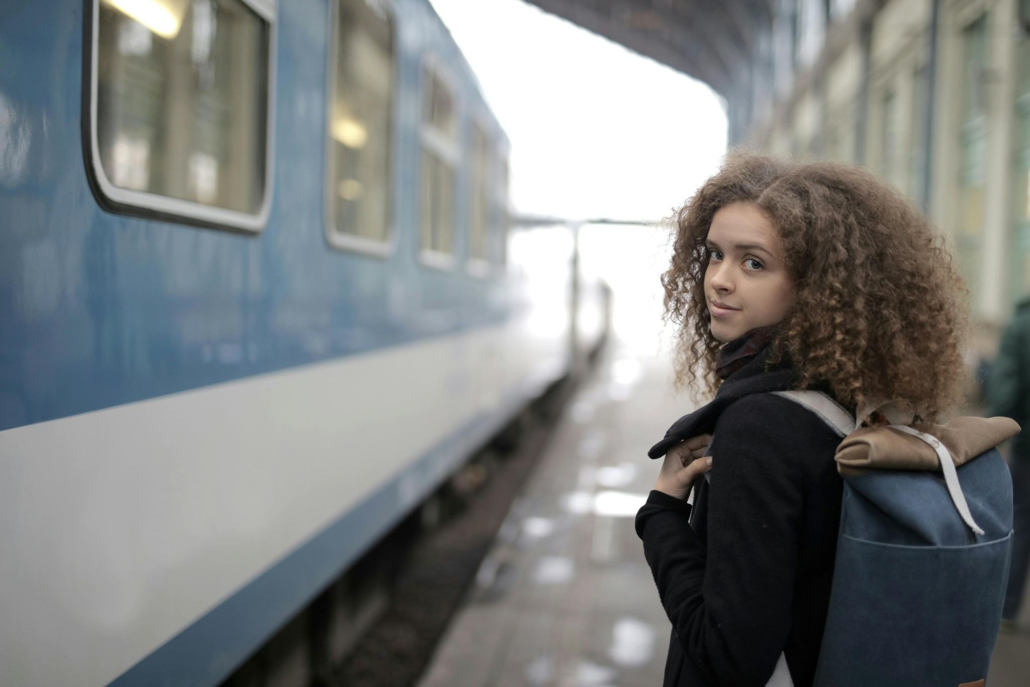 Student girl  about to board train