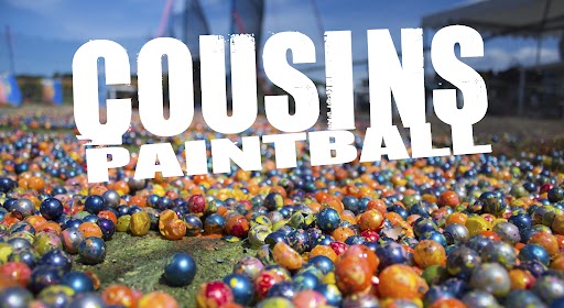 Cousins paintball logo surrounded by lots of colorful paintballs