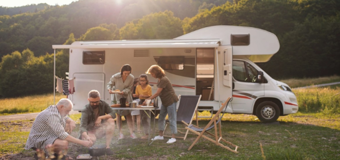 Family outside an RV