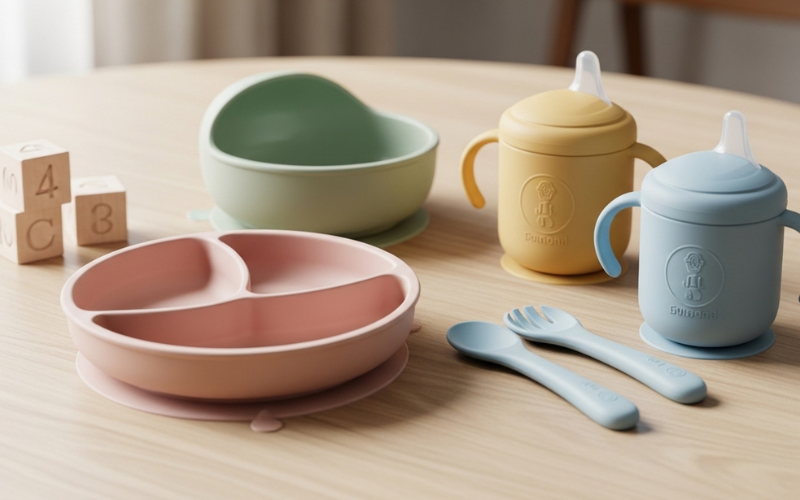 premium silicone baby feeding set with elegant pastel tones, minimalist luxury aesthetic, soft lighting.