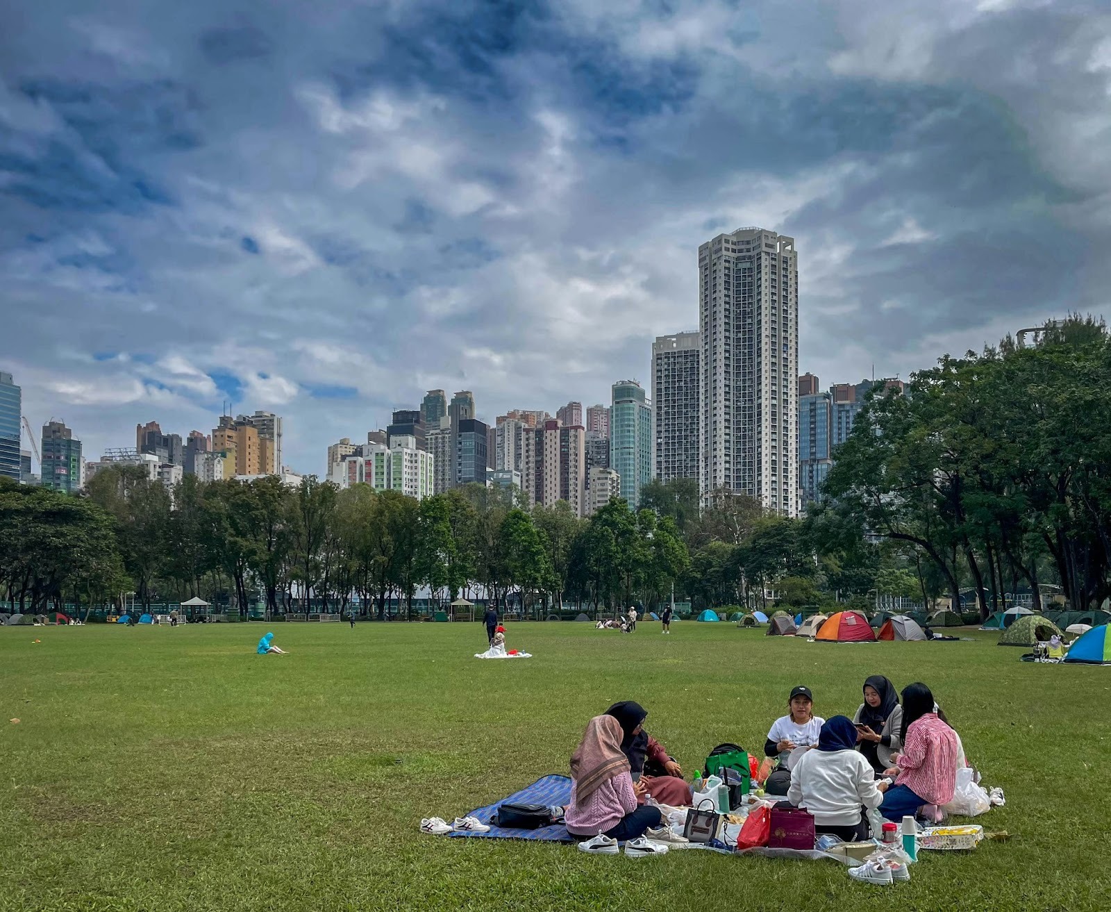 Urban park with family having picnic