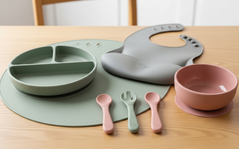 simple silicone baby tableware set in neutral colors, practical everyday setup, clean background
