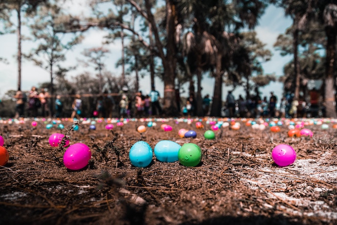 Easter Eggs laid out in a field