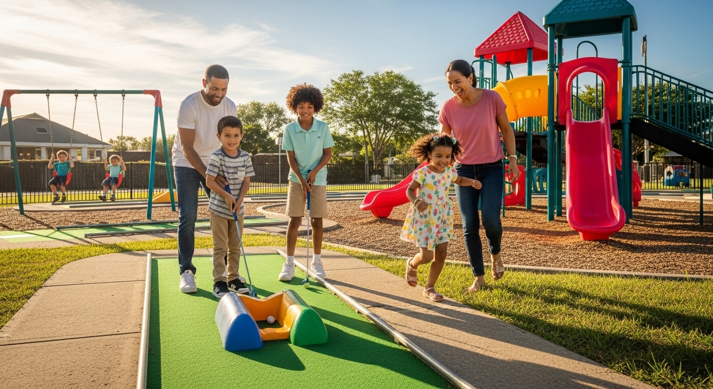 family playing crazy golf