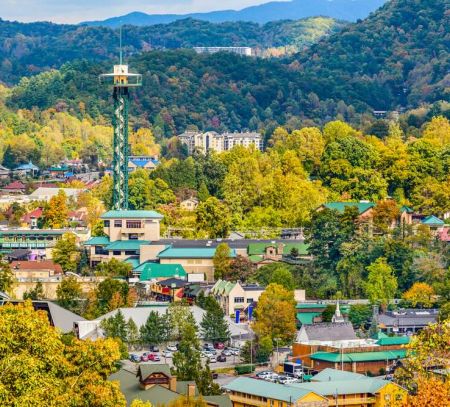 A panoramic view of Gatlinburg, Tennessee amidst the Smoky Mountains