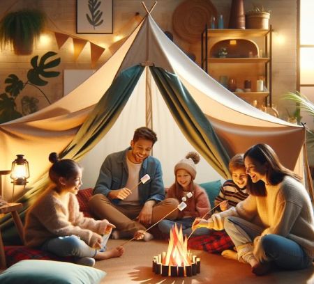 family camping in living room