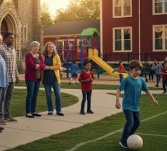 kids in playground with parents watching