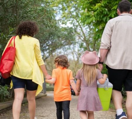 A family walks for a picnic