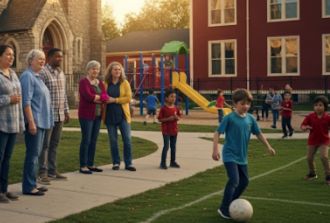 kids in playground with parents watching