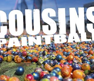 Cousins paintball logo surrounded by lots of colorful paintballs
