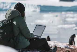 Looking at penguins in Antarctic