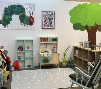 Bookshelves are around a carpet with various kids toys around.