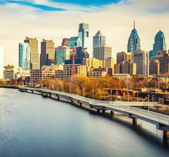philadelphia, usa, Pennsylvania, philadelphiia skyline on river with bridge