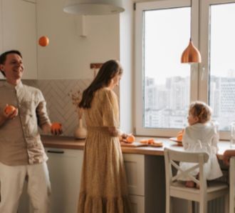 a family play at breakfast