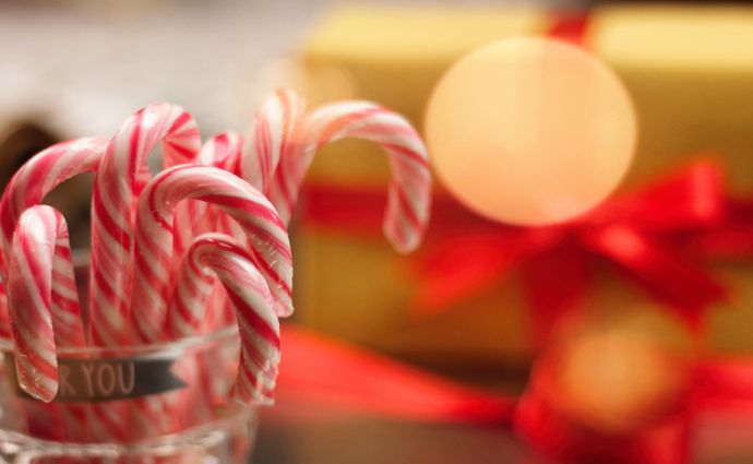 christmas candy canes with christmas tree and lights