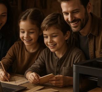 family doing woodwork project