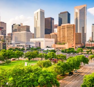 Houston, Texas, USA downtown city skyline over Root Square