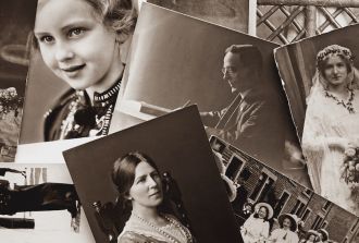 a close up of vintage black and white photos