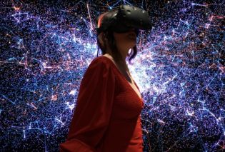Woman in a red dress exploring a VR museum